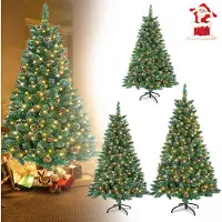 XINZI Kunstkerstboom, 150 cm, PVC, groen – Met LED-verlichting, sneeuweffect en dennenappels, inclusief standaard, perfecte kerstdecoratie