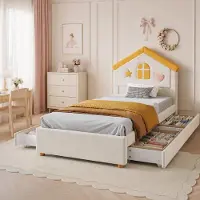 MODFU Kinderbed 90 x 200 met matras, bekleed kinderbed/tienerbed met 4 lades en een beklede hoofdeinde, fluweelbed, beige