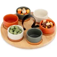Excellent houseware - Snack- en Tapasschaal - Keramische Kommen - Bamboe Dienblad - 7-delig