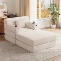 MODFU slaapbank met corduroy bekleding, loungebank die ook als relaxbank kan worden gebruikt met een gastenbedfunctie, hoge rugleuning, 4 opbergvakken en 2 bekerhouders, beige