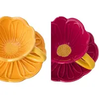 J-Line kopje en schotel Bloem - porselein - donkerrood/warmgeel - set van 2