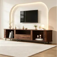 OKWISH TV-Meubel - 180 x 40 x 50 cm - 2 Schuifdeuren en 1 Lade - Open Vakken voor Woonkamer - Retro Stijl - MDF Walnoot