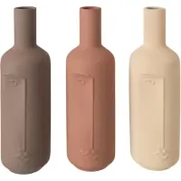 J-Line vaas Fles + Gezicht - porselein - ecru/bruin - 3 stuks