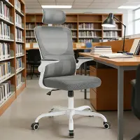 OKWISH Bureaustoel Met Hoge Rugleuning En Hoofdsteun - Ergonomisch, Ademend En Verstelbaar - Voor Werkplek - Grijs - Metaal En Gaas