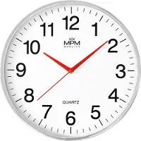 MPM -Quality Askim – Wandklok, rond, van kunststof met glazen wijzerplaat, stille en soepele gang, zilverwit, diameter 30,5 cm, Arabische cijfers