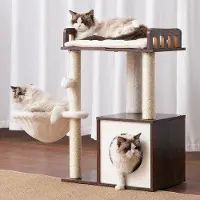 Benza Ibenzoa kraboom van hout met ligplatform (30x50 cm), kattenmand (diameter 30 cm), 2 sisal krabpalen, notenhouten uitstraling – geschikt voor kleine en middelgrote katten