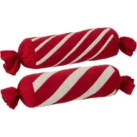 J-Line Gestreept rolkussen - polyester - kerstrood/wit - assortiment van 2