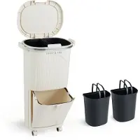 Costway Vuilnisemmer keuken, afvalscheidingssysteem, 3 vakken, 2 x 12 l binnenemmer en 14 l pedaalemmer met wielen, deksel, pedaal en haken, pedaalemmer afvalverzamelaar voor keuken (38L-1 deksel