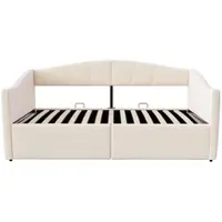 STILVORA Gestoffeerd Bed 90x200 cm – Eenpersoonsbed met hydraulische opbergruimte & lattenbodem – Armleuningen – Fluweel – Beige – Zonder Matras