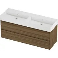 Proline Zara Badmeubel In Kader 140x46cm - 2 Laden Symmetrisch - Greeploos - Wastafel Dubbel Glans Wit - Zonder Kraangat - Caramel Walnut