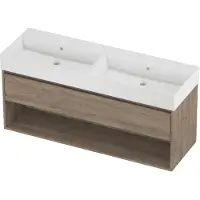 Proline Zara Badmeubel 140x46cm - 1 Lade Met Schap - Greeploos - Wastafel Dubbel Glans Wit - Zonder Kraangat - Raw Oak - Badkamermeubels, Badmeubel
