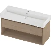 Proline Zara Badmeubel 120x46cm - 1 Lade Met Schap - Greeploos - Wastafel Midden Glans Wit - 1 Kraangat - Ideal Oak - Badkamermeubels, Badmeubel Sets
