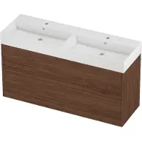 Proline Zara Badmeubel In Kader 140x46cm - 2 Laden Asymmetrisch - Opbouwgrepen - Wastafel Dubbel Glans Wit - 2 Kraangaten - Indian Walnut