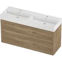 Proline Zara Badmeubel In Kader 140x46cm - 2 Laden Asymmetrisch - Opbouwgrepen - Wastafel Dubbel Glans Wit - 2 Kraangaten - Cider Oak