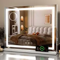 Puluomis cosmetische spiegel, make-upspiegel, 58x45 cm, Hollywood-stijl, dimbaar met LED-verlichting, 3 kleuren, 2-in-1: kan als tafelspiegel of wandspiegel gebruikt worden, rechthoekig