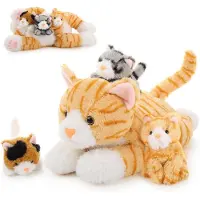 Sonstiges Pluche kattenknuffel XXL, 40 cm, met 3 kittens in de buik, geel, zachte knuffel, cadeau