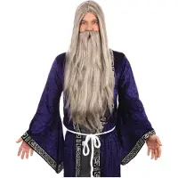 Metamorph Tovenaar grijze lange pruik met grijze volle baard - Carnaval kostuum pruik & volle baard