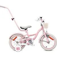 Sun baby Fiets voor meisjes, 14 inch, geschikt voor 3-5 jaar, met stabilisatorwielen, bel, mandje. Model: Flower Bike, kleur: roze