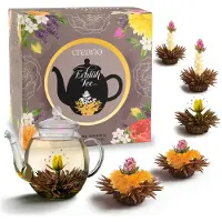 Creano ErblühTee cadeauset in modern bloemendesign met glazen theepot, zwarte thee (6 theerozen / 3 soorten)