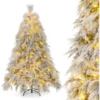 Costway Kunstkerstboom met sneeuw, kerstboom met warmwitte LED-verlichting en 519 takpunten, kerstboom met metalen voet, kunstboom voor feestdecoratie, geschikt voor binnen- en buitengebruik (180 cm)