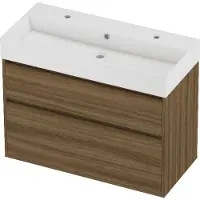 Proline Zara Badmeubel In Kader 100x46cm - 2 Laden Asymmetrisch - Greeploos - Wastafel Midden Glans Wit - 2 Kraangaten - Caramel Walnut