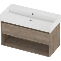 Proline Zara Badmeubel 100x46cm - 1 Lade Met Schap - Greeploos - Wastafel Midden Glans Wit - Zonder Kraangat - Raw Oak - Badkamermeubels, Badmeubel
