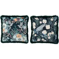 J-Line kussen Bloemen + Vogels - polyester - donkergroen - 2 stuks