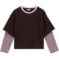 We fashion - Meisjes T-shirt met patch en embroidery - Regular fit - Donkerbruin - Katoen - Maat: 110/116