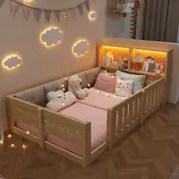 ALFORIGO Kinderbed met vlakke bodem, 90 x 200 cm, voorzien van een omheining, een beklede rugleuning, opbergruimte in het hoofdeinde en een meerkleurige LED-strip, in natuurlijke tinten