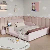 Ulife Kindereenpersbed in fluweel, met geïntegreerd bureau en krukje, zachte hoofdbord, opbergplank, houten lattenbodem, kleur roze, afmetingen 140x200 cm