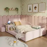 Ulife Kindereenpersbed in fluweel, met geïntegreerd bureau en krukje, zachte hoofdbord, opbergplank, houten lattenbodem, kleur roze, afmetingen 90x200 cm