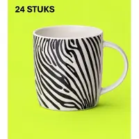 COSY&TRENDY Strepen Mokken Set van 24 – 36 cl – Leopard Animal Serie – Keramiek – Zwart/Wit Design – Trendy Koffiemokken