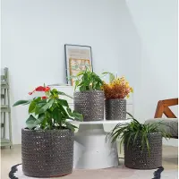 OKWISH Bloempot Handgemaakt – Ø 37 Cm – Glanzend Grijs Keramiek – Visgraat Reliëf – Voor Binnen En Buiten – Met Afvoergat – Vorstbestendig