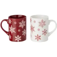 J-Line mok Sneeuwvlok - porselein - wit/kerstrood - doos van 2