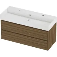 Proline Zara Badmeubel In Kader 120x46cm - 2 Laden Symmetrisch - Greeploos - Wastafel Midden Glans Wit - 2 Kraangaten - Caramel Walnut