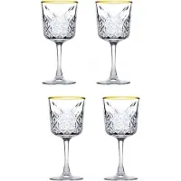 Pasabahce 4 rode wijnglazen/gin-cocktailglazen van , model "Timeless", met kristaldesign, goudkleurig
