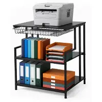 Relaxdays printertafel, hoogte x breedte x diepte: 70 x 60 x 50 cm, 3 niveaus, lade, bijzettafel voor printers, printerstandaard, zwart