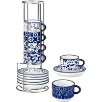 Happiq 12-delige Witte Porseleinen Kopjeset 4 oz – Met Schotels en Metalen Houder voor Espresso, Cappuccino, Latte & Thee – Wit