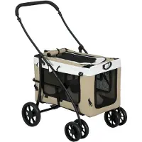 PawHut 2 in 1 Hundewagen Hundebuggy klappbar für Hunde & Katzen bis 10 kg Katzenbuggy mit Kissen Netzfenstern Türen Aufbewahrungskorb Katzenwagen Buggy Khaki