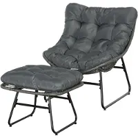 Outsunny Loungestoel met Poef Rotan Look - Tuinstoel en Voetenbank Set - Grijs