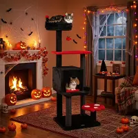 Costway 144 cm gotische kraboom, kattenboom met bed, kattenhol, 2 plateaus, krabpalen en een speelbal in de vorm van een vleermuis, meerlaagse klimboom