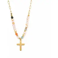 Deja Jewels Goudkleurige Dames Kralenketting met Multicolor Kralen en Kruishanger