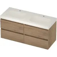 Basic Line Moby 46 Badmeubel 120x46x58cm - 4 Lades - Greeploos - Wastafel Dubbel Glans Wit - 2 Kraangaten - Pure Oak - Badkamermeubels, Badmeubel Sets