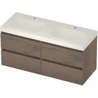 Basic Line Moby 46 Badmeubel 120x46x58cm - 4 Lades - Greeploos - Wastafel Dubbel Glans Wit - 2 Kraangaten - Dusk Oak - Badkamermeubels, Badmeubel Sets