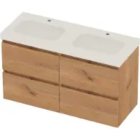 Basic Line Moby 46 Badmeubel 120x46x66cm - 4 Lades - Greeploos - Wastafel Dubbel Glans Wit - 2 Kraangaten - Whisky Oak - Badkamermeubels, Badmeubel