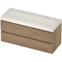 Basic Line Moby 46 Badmeubel 120x46x58cm - Greeploos - Wastafel Midden Mat Wit - 2 Kraangaten - Pure Oak - Badkamermeubels, Badmeubel Sets