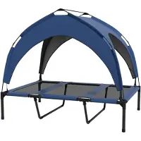 PawHut Verhoogd Hondenbed met Dak - Hondenmand - Stretcher voor Honden - Reisbed - Donkerblauw