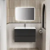 SaniGoods Oliva badkamermeubel 80cm zwart mat met keramische wastafel rechthoek en LED-spiegel