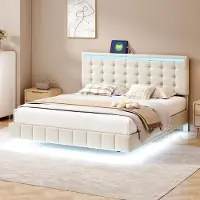 Rosahqnda Gestoffeerd bed 160 x 200 cm, zwevend bedframe met ledverlichting en oplaadpoort, tweepersoonsbed, verborgen bedpoten, beige beddengoed