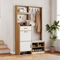 MODFU - Schoenenkast - Modern - Staand Rek - Eikenlook - Wit - Spaanplaat - 108,5 X 35 X 180 Cm